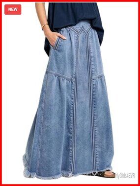 High Waist A Line Frayed Maxi Denim Skirt with Pockets Flowy